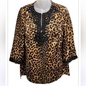Jones New York Petite Leopard Print Blouse Tunic Top PM